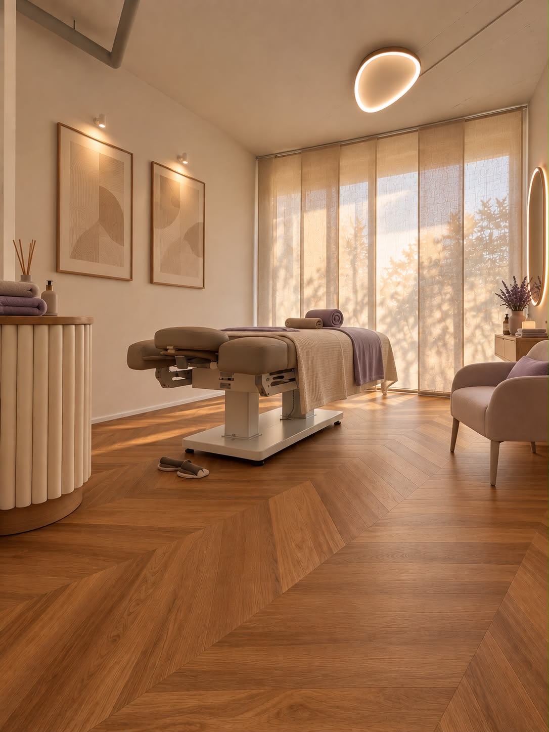 Behandlungsraum mit Massageliege im Studio SADEA in Zürich-Oerlikon (Visualisierung)